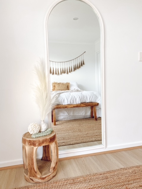 Paisley Stool Styled in Modern Coastal Boho bedroom.