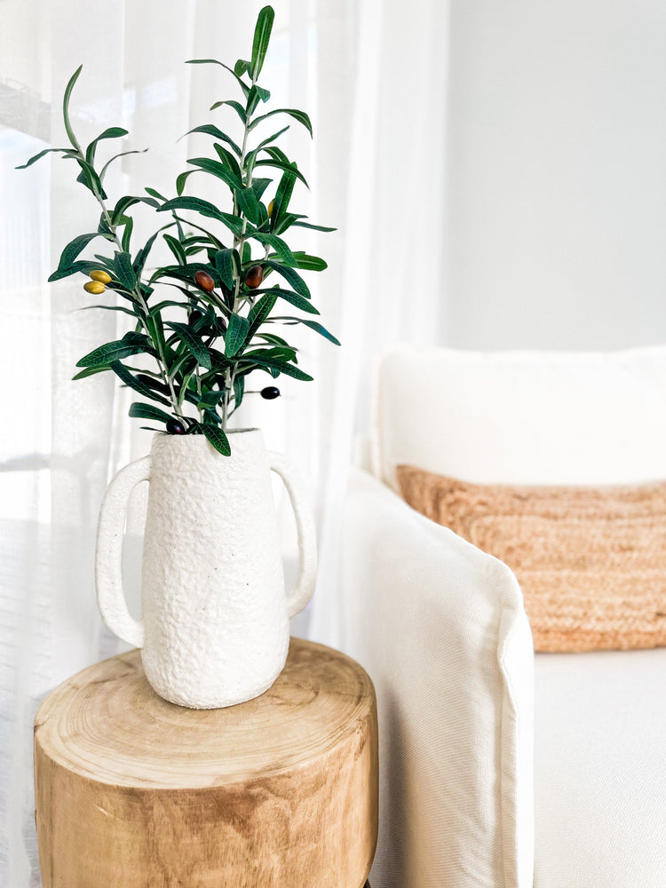 Dune Vase with Olive Leaf Branches on wooden stool