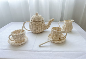 Coco Dune Rattan Tea Set, includes 8 pieces.