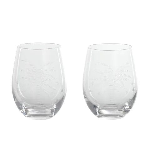 clear glass tumblers with a white etched palm tree 