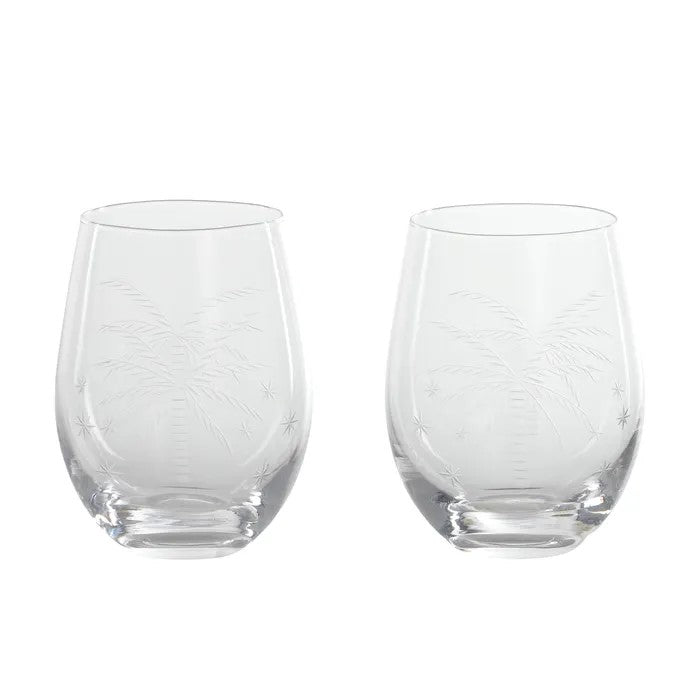 Clear glass tumblers with a white etched palm tree and stars