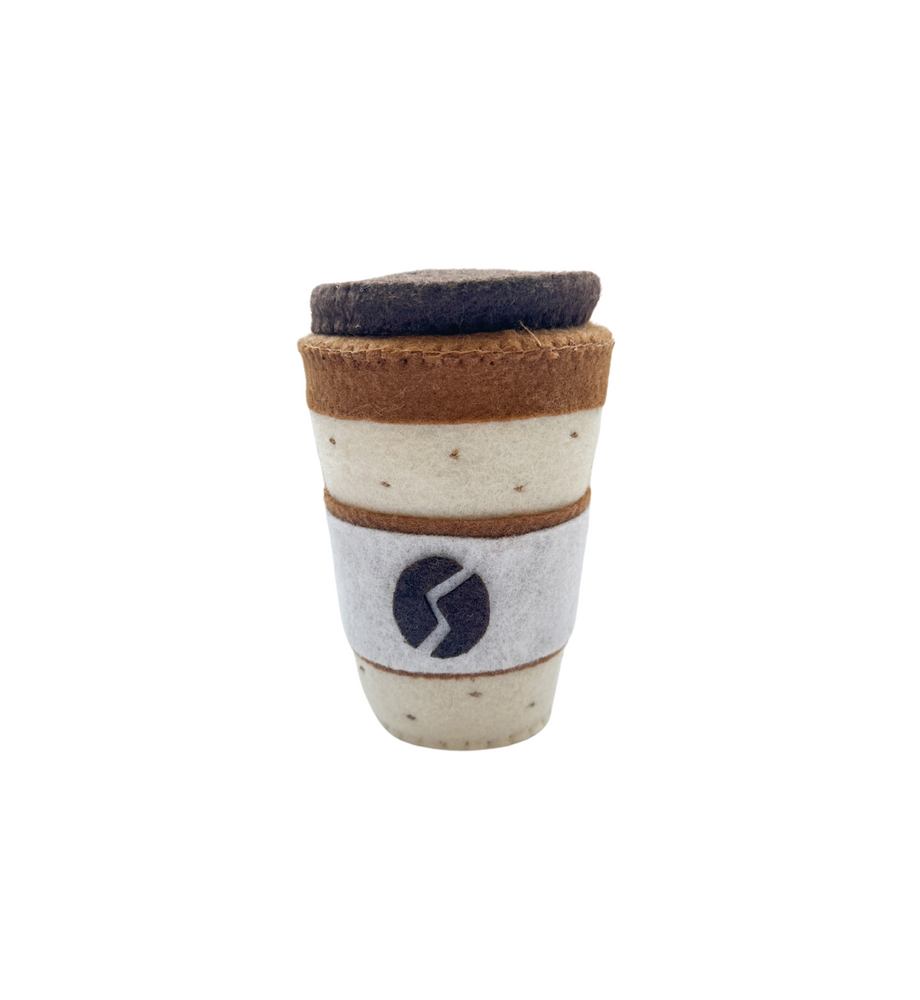 Felt coffee cup with lid in latte colour, dotted pattern top and bottom with coffee bean design on front.