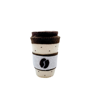 Felt coffee cup with lid in mocha colour, dotted pattern top and bottom with coffee bean design on front.