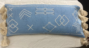 Arlo blue lumbar cushion cover bedroom styling with tassels detail
