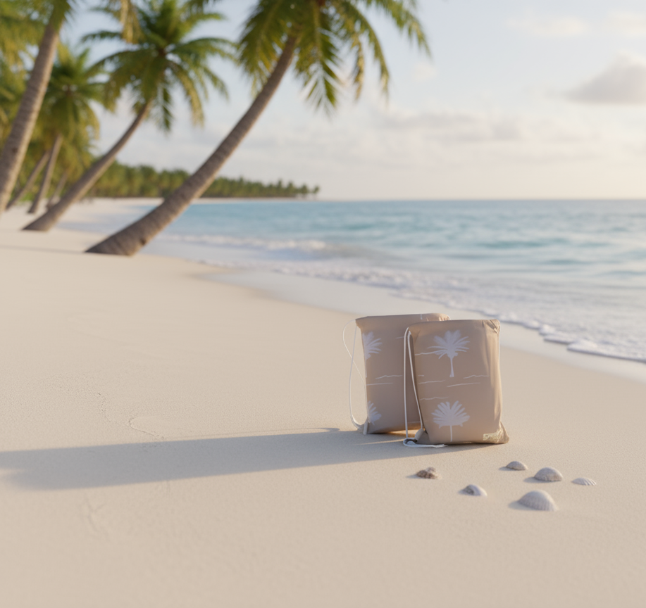 Two bags on a sandy beach with palm trees and ocean in the background
