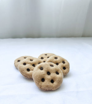 Five felt chocolate chip cookies set kids pretend play toys handmade