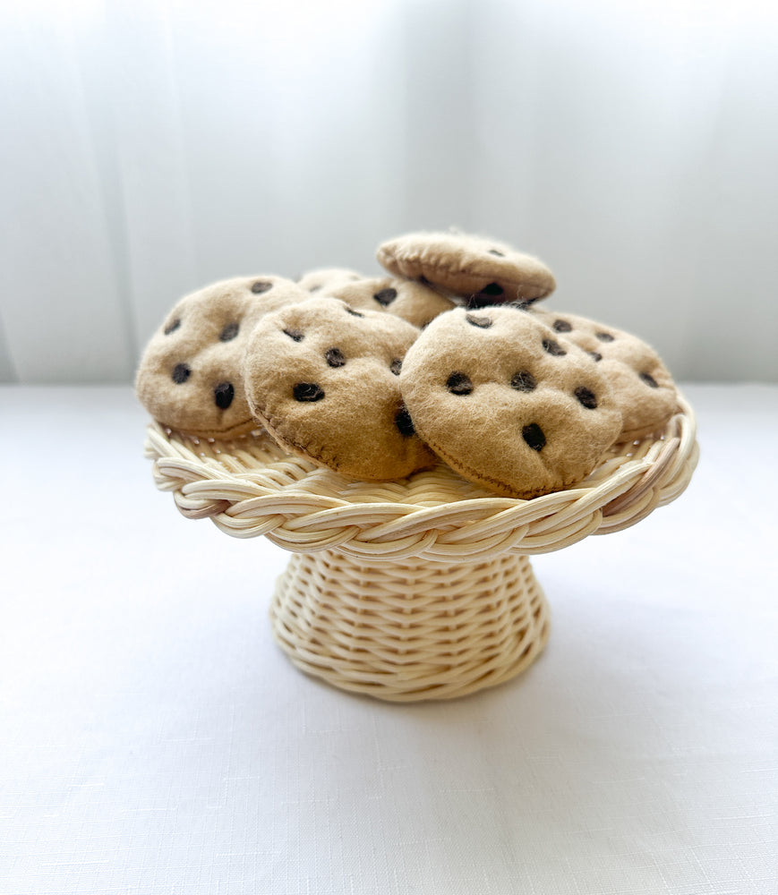 Seven felt chocolate chip cookies rattan cake stand kids tea party toys