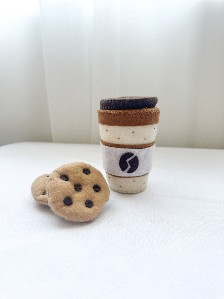 Felt coffee cup latte colour two chocolate chip cookies kids pretend play