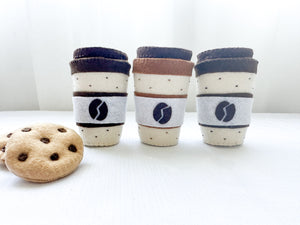 Three felt coffee cups mocha latte colours chocolate chip cookies kids play