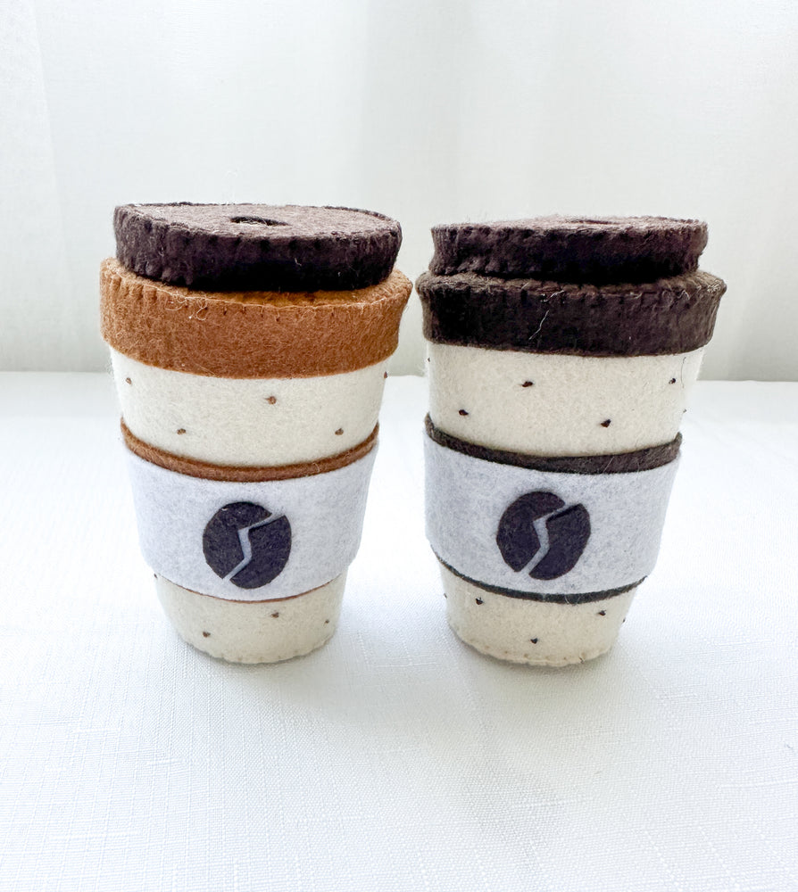 Two felt coffee cups mocha latte colours kids toys grey background