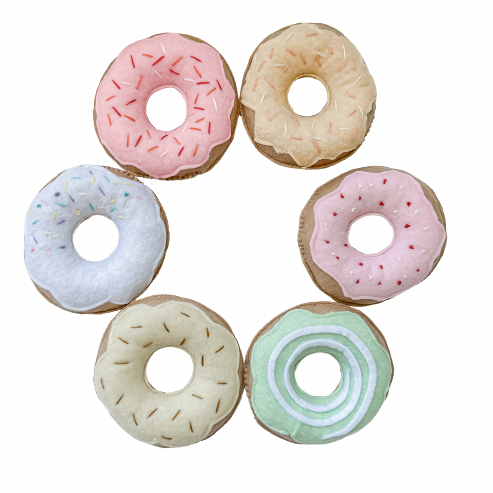 Handmade felt donuts set of 6 in bright colours with freckles - kids imaginative play toys for tea parties