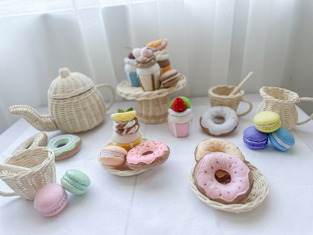 Felt macarons with rattan tea set and cake stand - complete kids tea party set for imaginative play
