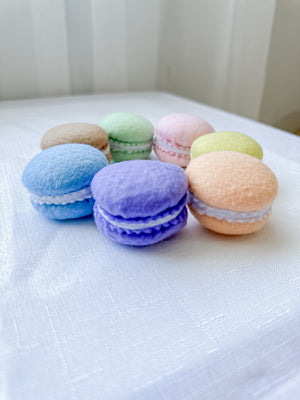 Felt toy macarons side view showing rainbow colours - kids pretend play food for tea party fun