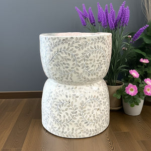Shell inlay stool Gigi with colourful flower pots - compact 34cm decorative table perfect for displaying accents