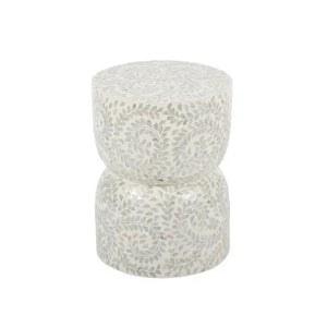 Shell inlay stool Gigi - elegant hourglass shaped side table with grey white cream mosaic pattern, 46cm height bedside table