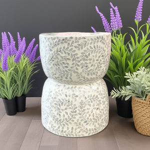 Shell inlay stool Gigi beside lavender plants - timeless sophisticated bedside table with intricate shell mosaic design