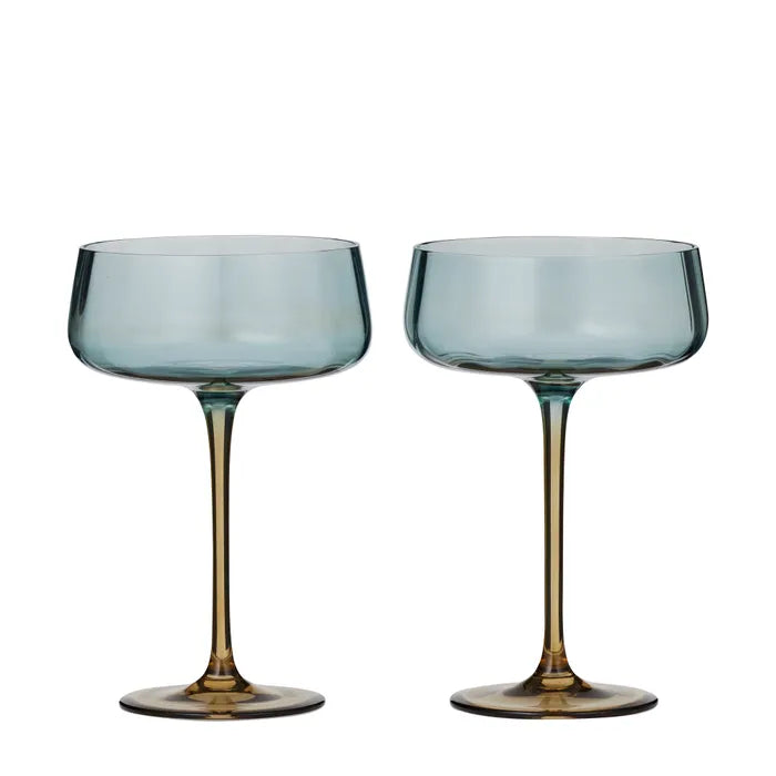 Tallo wine glasses set - elegant blue and amber coupe glasses with wide rim, luxury stemware for wine enthusiast