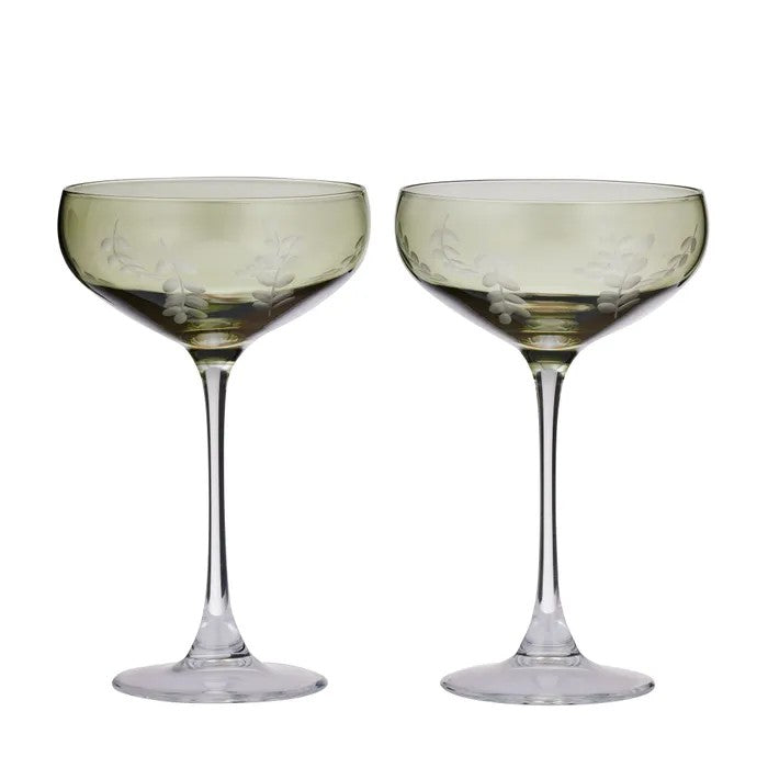 Set of 2 Indigo wine glasses - tall green coupe glasses with white leaf pattern for cocktails and champagne, 11.5cm x 18.5cm