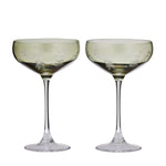 Set of 2 Indigo wine glasses - tall green coupe glasses with white leaf pattern for cocktails and champagne, 11.5cm x 18.5cm