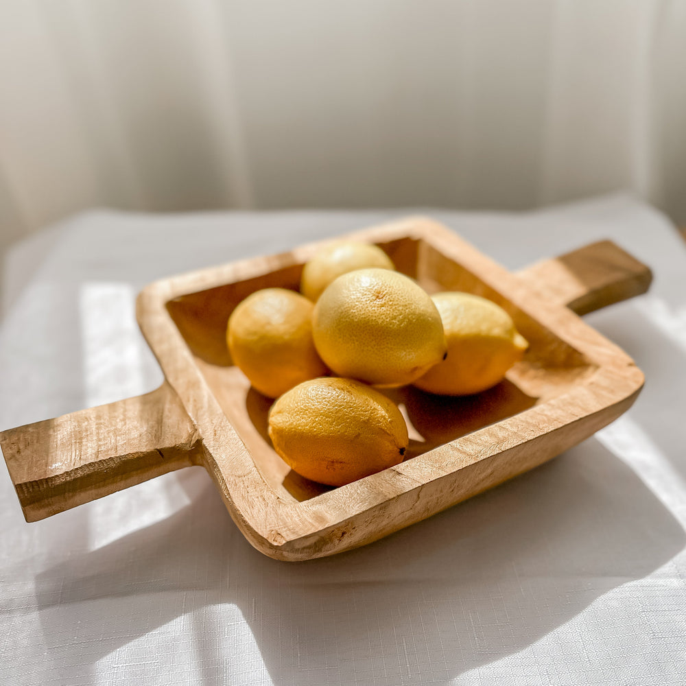 Wooden dough bowl Elena with fresh lemons - versatile solid wood fruit bowl 35cm x 19cm for kitchen counter display