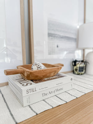 Wooden dough bowl Elena showing carved handle detail - traditional old-world kitchen craftsmanship with natural wood imperfections