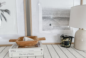 Wooden dough bowl Elena on shelf with books candle and lamp - traditional craftsmanship bowl for farmhouse cottage decor