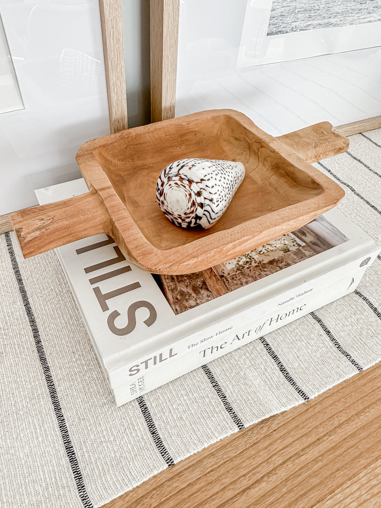 Wooden dough bowl Elena with shell on book - vintage style solid wood bowl perfect for decorative display and keys storage