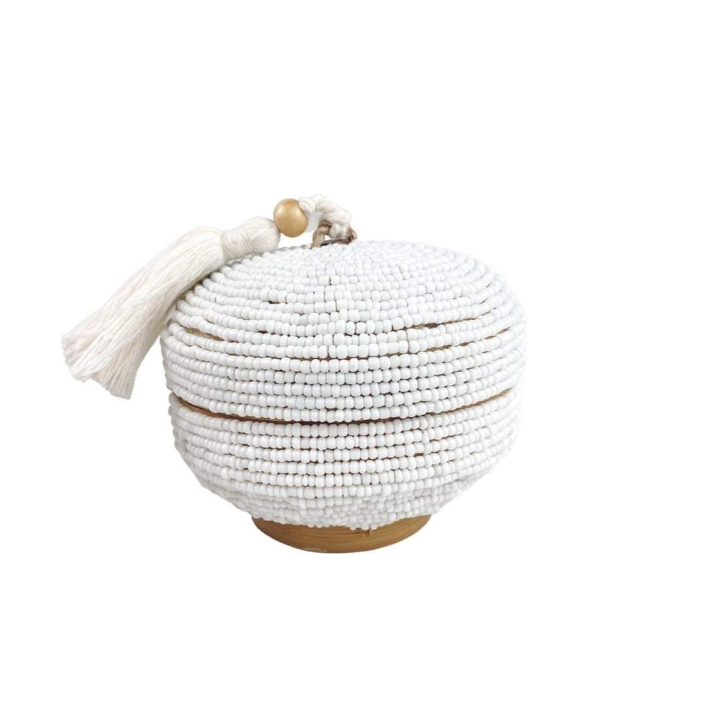 White beaded box with tassel 