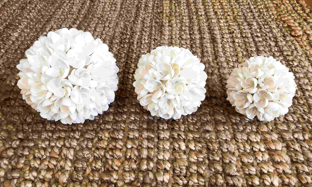 three white frangipani shell balls in various sizes
