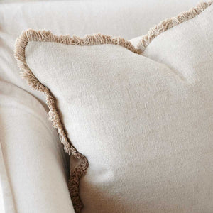Large fringed natural linen cushion with insert