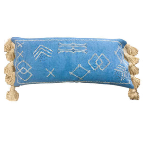 Arlo blue lumbar cushion cover with tassels rectangular