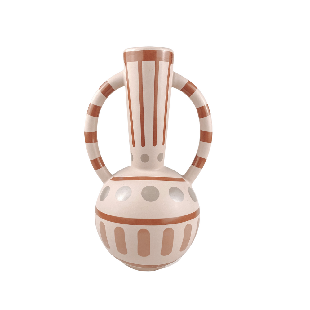small pink patterned vase with arched handles
