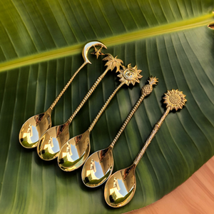 Moon, sun, pineapple, flower and palm tree brass spoons on a leaf