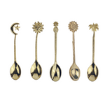 Moon, sun, pineapple, flower and palm tree brass spoons