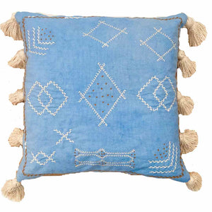 Apollo cushion cover 50cm square blue cotton with hand-sewn pattern by Indian artisans - decorative pillow cover with tassels