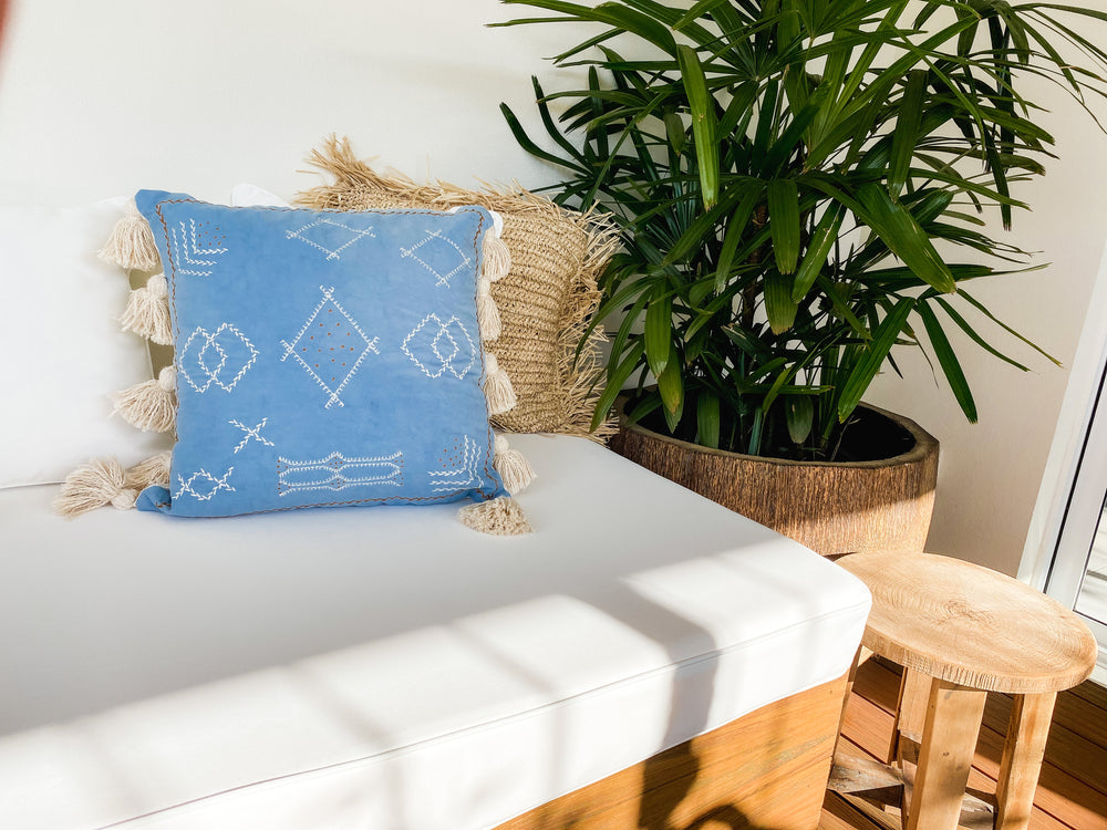 Apollo cushion cover outdoor styling on lounge chair - handcrafted cotton pillow cover for patio and home decor enhancement