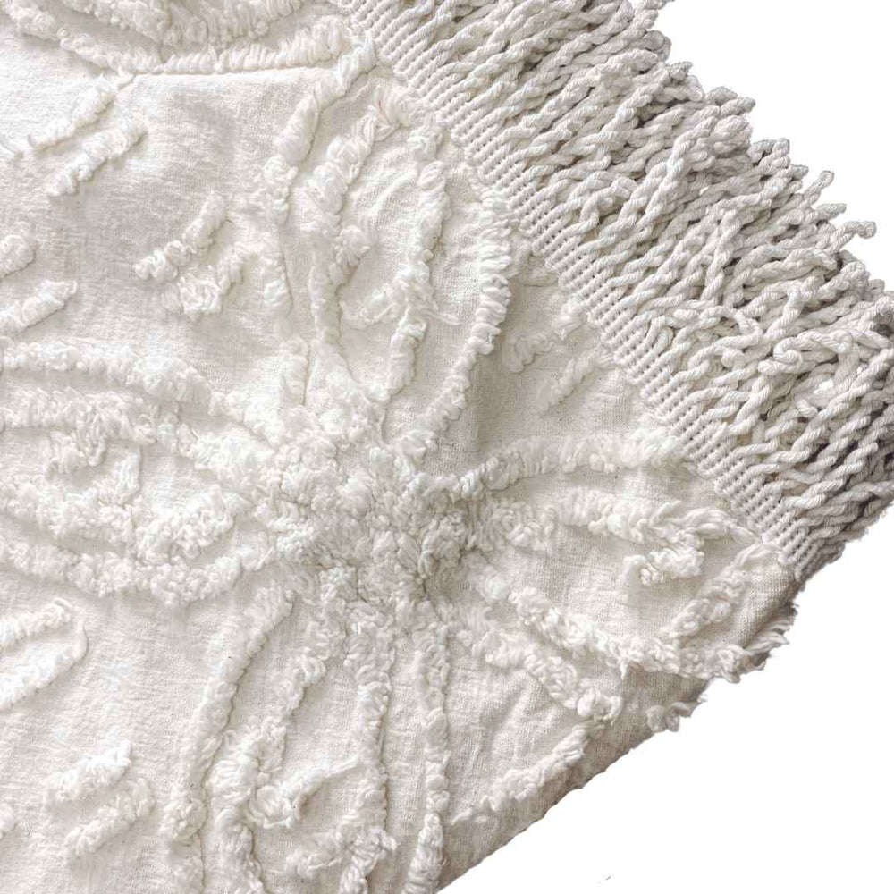 Cotton throw with fringes"
SEO improved alt text: "Close-up detail of Darcie cotton throw featuring soft fringed edges and intricate white tufted pattern for luxury home comfort