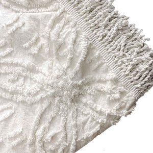 Cotton throw with fringes"
SEO improved alt text: "Close-up detail of Darcie cotton throw featuring soft fringed edges and intricate white tufted pattern for luxury home comfort