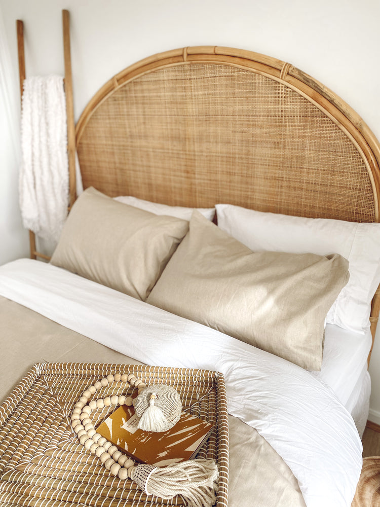 tiger shell wooden beaded macrame tassel in bedroom on rattan tray