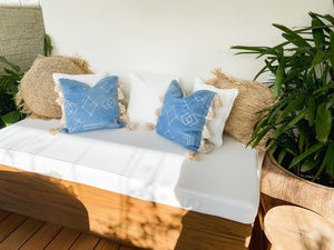 square cushion cover with tassels on outside lounge