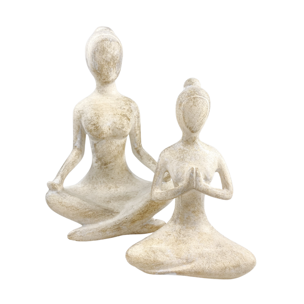 Large and small yoga ladies size comparison - Yogi sculpture collection showing 15cm and 21cm meditation decor options