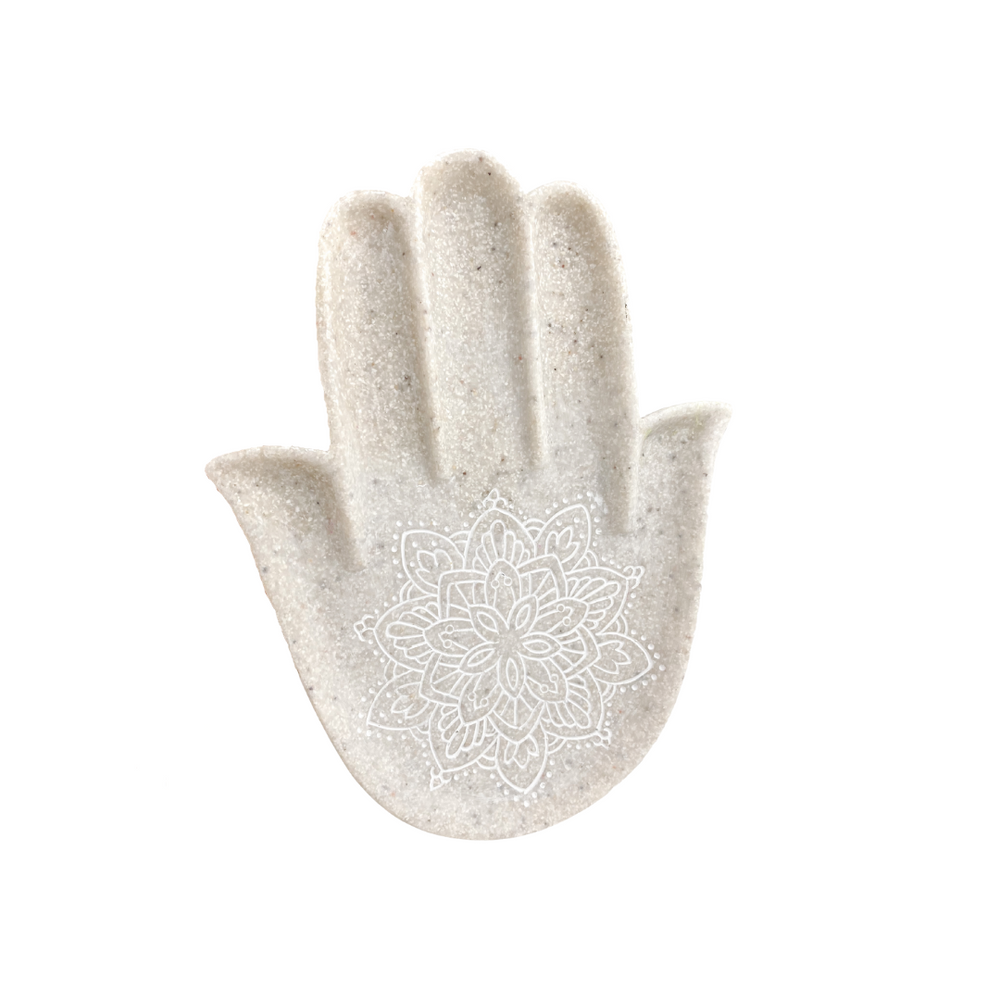 Brooklyn sandstone trinket dish with white mandala pattern - natural stone jewellery storage with rustic bohemian charm