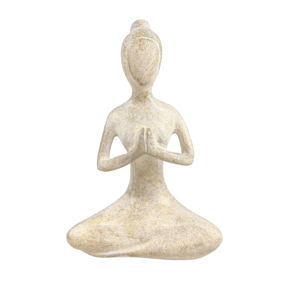 Small praying yoga lady sculpture in tranquil pose - white resin Yogi figurine for mindful home decor and meditation spaces