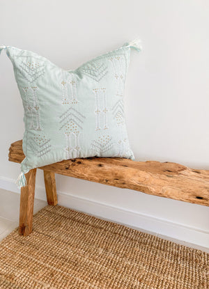 square pillow cover on wooden bench boho home styling decor