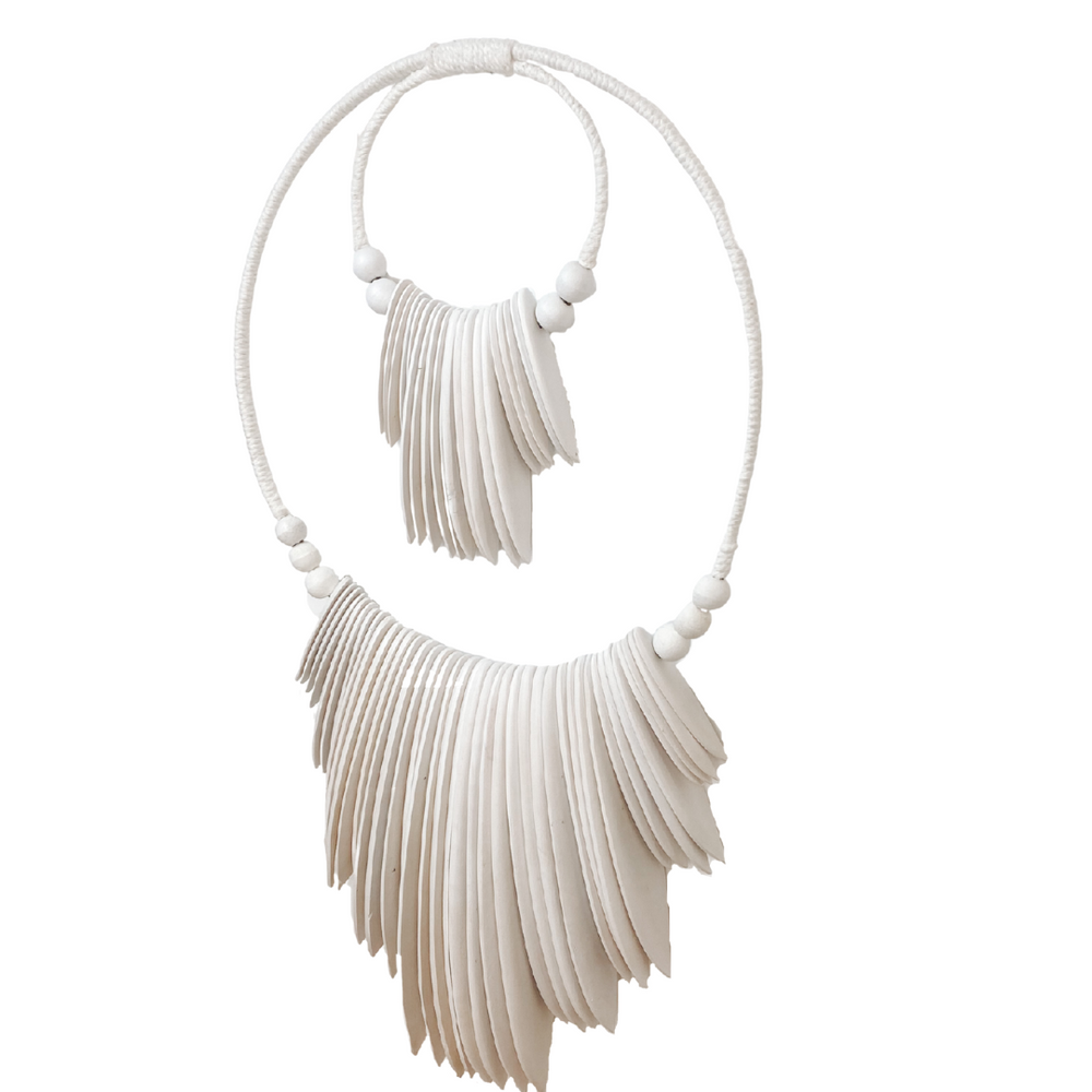 Zuma white timber wall hanging inspired by cuttlefish with beads, 60cm handmade coastal bohemian decor piece